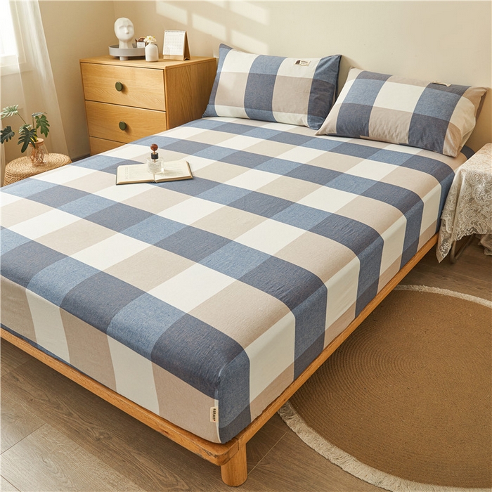 91家纺网 家纺一手货源 找家纺 喜居 2024新款全棉色织水洗棉床笠 蓝咖格