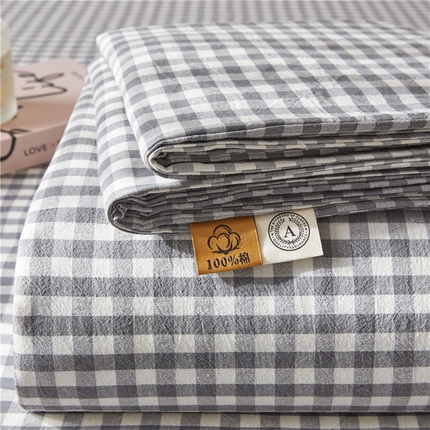 91家纺网 家纺一手货源 找家纺 喜居 2024新款全棉色织水洗棉床笠 灰小格