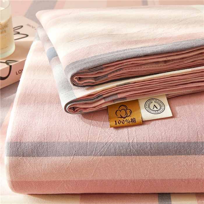 91家纺网 家纺一手货源 找家纺 喜居 2024新款全棉色织水洗棉床笠 莉亚粉