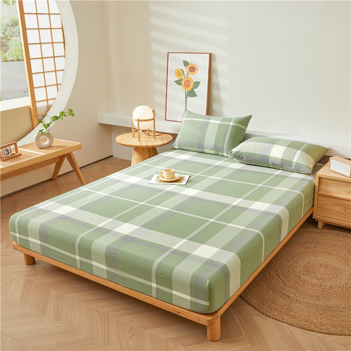 91家纺网 家纺一手货源 找家纺 喜居 2024新款全棉色织水洗棉床笠 莉亚绿