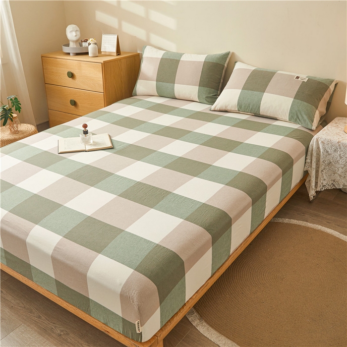 91家纺网 家纺一手货源 找家纺 喜居 2024新款全棉色织水洗棉床笠 绿大格