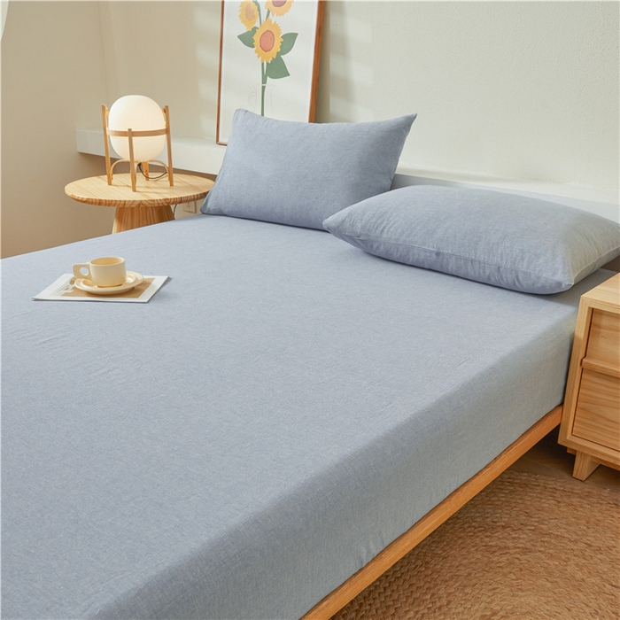 91家纺网 家纺一手货源 找家纺 喜居 2024新款全棉色织水洗棉床笠 冰山蓝