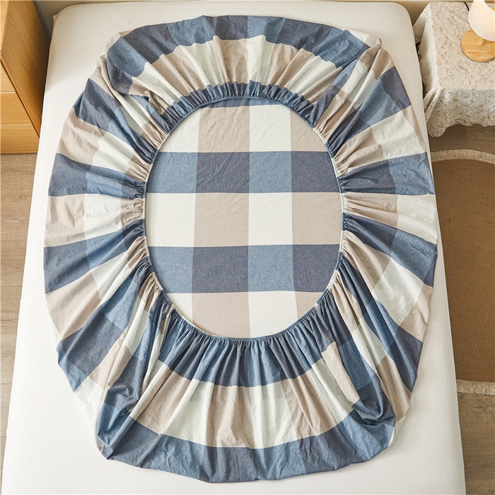 91家纺网 家纺一手货源 找家纺 喜居 2024新款全棉色织水洗棉床笠 蓝咖格