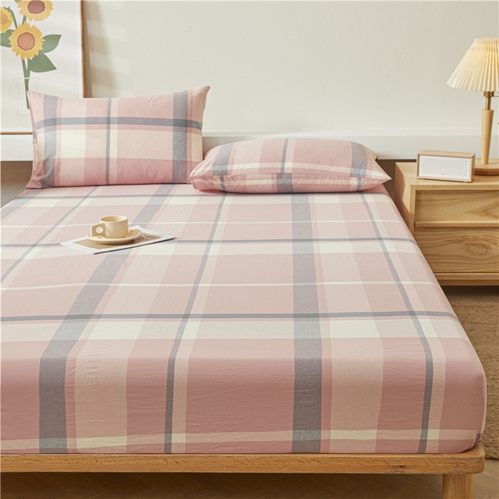 91家纺网 家纺一手货源 找家纺 喜居 2024新款全棉色织水洗棉床笠 莉亚粉