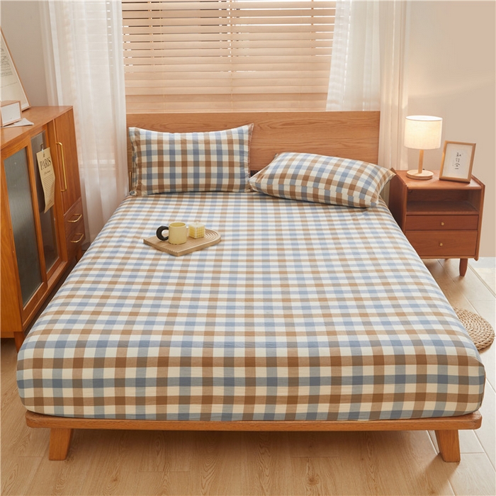 91家纺网 家纺一手货源 找家纺 喜居 2024新款全棉色织水洗棉床笠 蓝芋格