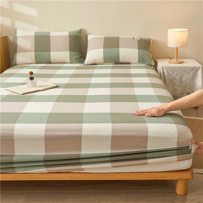 91家纺网 家纺一手货源 找家纺 喜居 2024新款全棉色织水洗棉床笠 绿大格