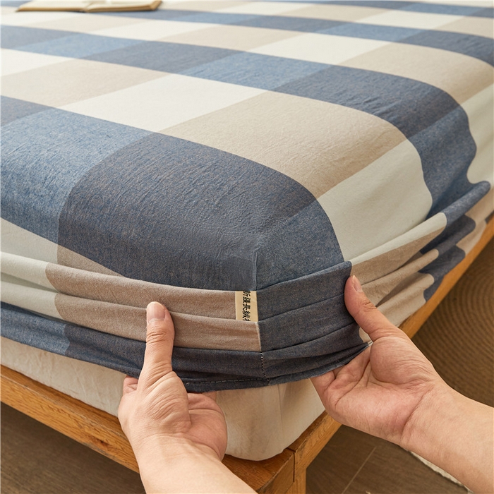 91家纺网 家纺一手货源 找家纺 喜居 2024新款全棉色织水洗棉床笠 蓝咖格