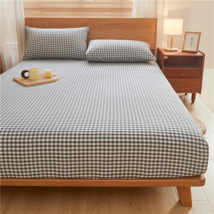 91家纺网 家纺一手货源 找家纺 喜居 2024新款全棉色织水洗棉床笠 灰小格