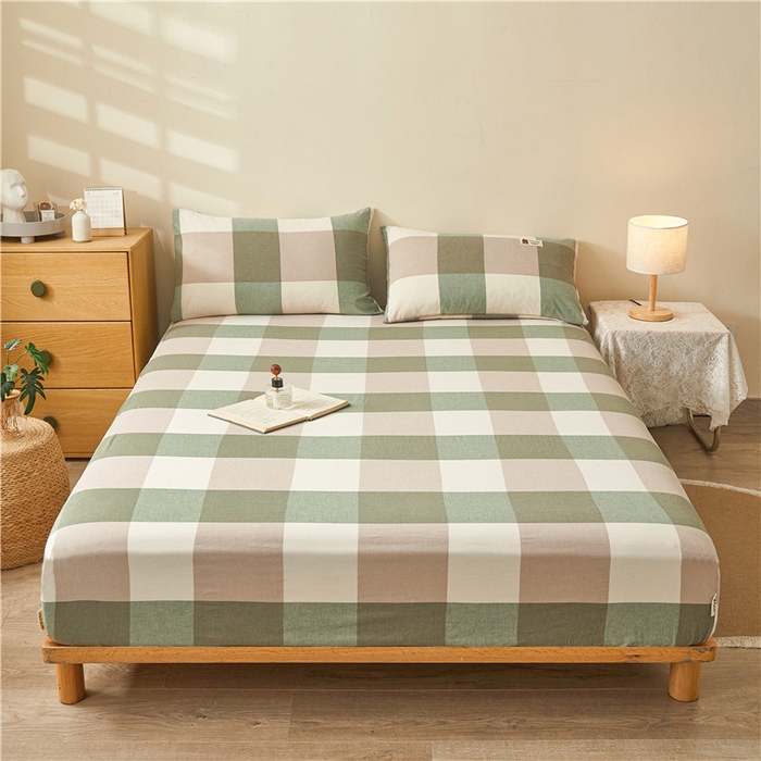 91家纺网 家纺一手货源 找家纺 喜居 2024新款全棉色织水洗棉床笠 绿大格