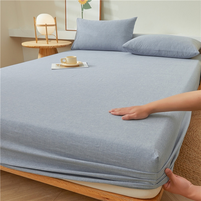 91家纺网 家纺一手货源 找家纺 喜居 2024新款全棉色织水洗棉床笠 冰山蓝