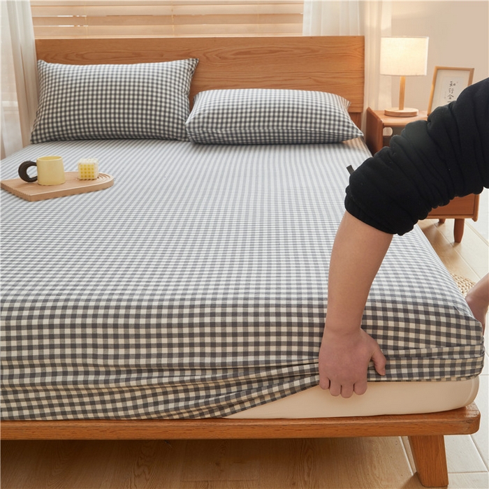 91家纺网 家纺一手货源 找家纺 喜居 2024新款全棉色织水洗棉床笠 灰小格