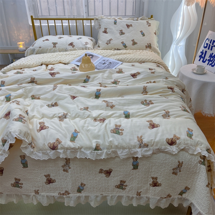 91家纺网 家纺一手货源 找家纺 暖居 2024新款豆豆被四件套 熊和兔子