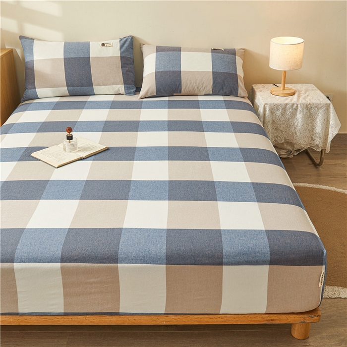 91家纺网 家纺一手货源 找家纺 喜居 2024新款全棉色织水洗棉床笠 蓝咖格