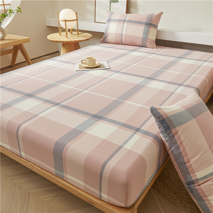 91家纺网 家纺一手货源 找家纺 喜居 2024新款全棉色织水洗棉床笠 莉亚粉