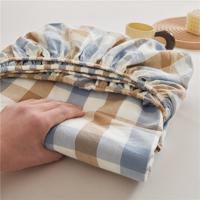 91家纺网 家纺一手货源 找家纺 喜居 2024新款全棉色织水洗棉床笠 蓝芋格