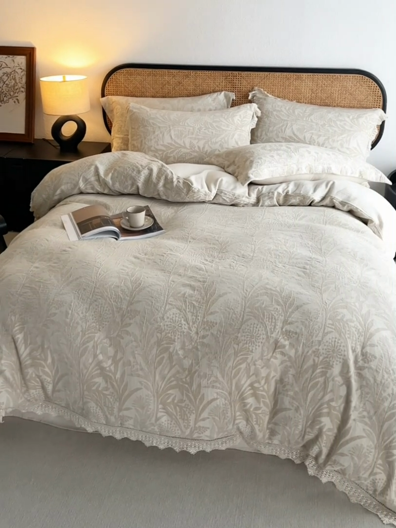 91家纺网 家纺一手货源 找家纺 安莱生活 2024爆款棉麻麻纱工艺款大提花四件套 雪绒花