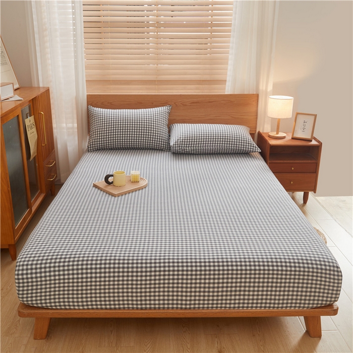 91家纺网 家纺一手货源 找家纺 喜居 2024新款全棉色织水洗棉床笠 灰小格