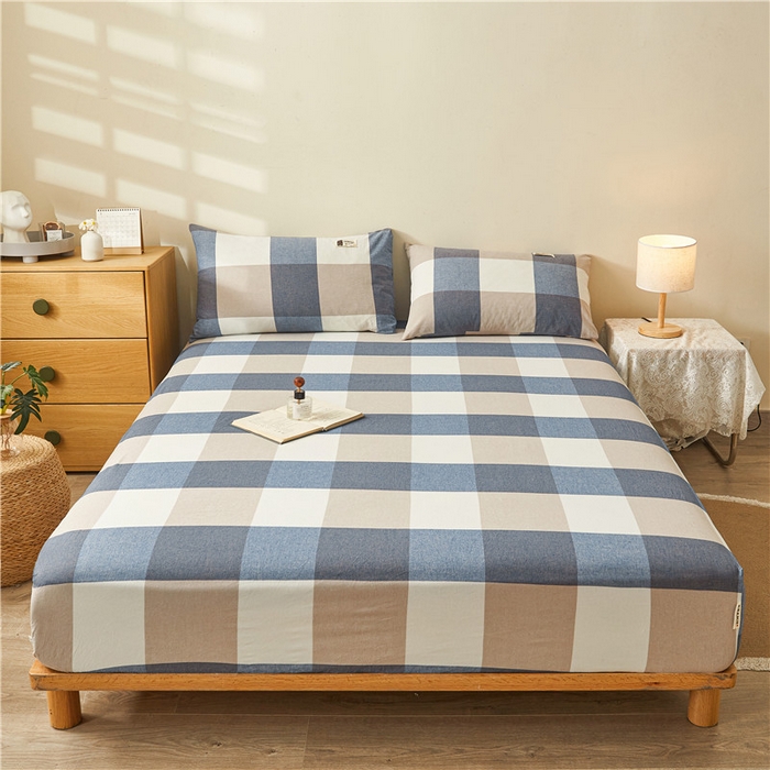 91家纺网 家纺一手货源 找家纺 喜居 2024新款全棉色织水洗棉床笠 蓝咖格