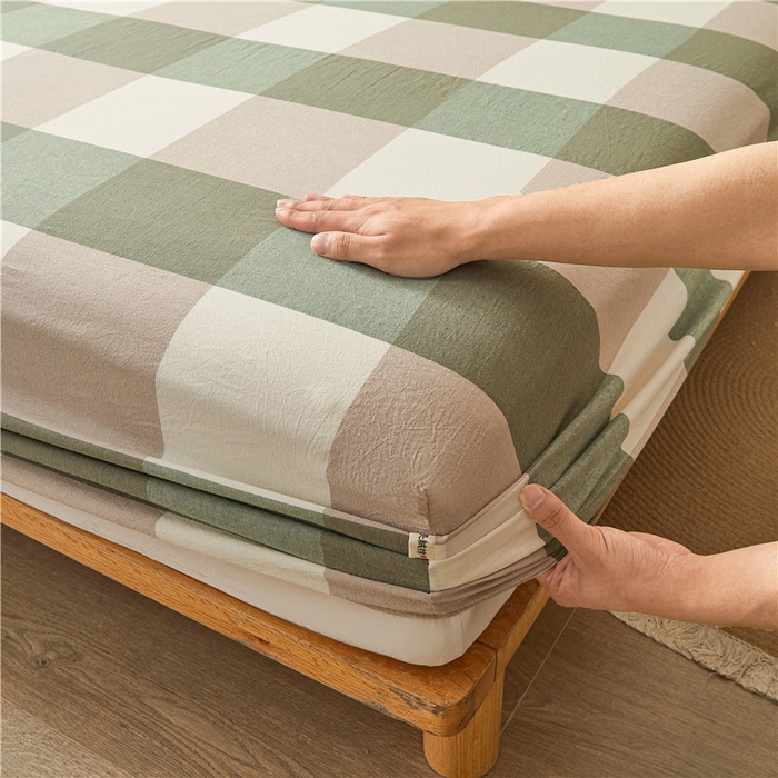 91家纺网 家纺一手货源 找家纺 喜居 2024新款全棉色织水洗棉床笠 绿大格