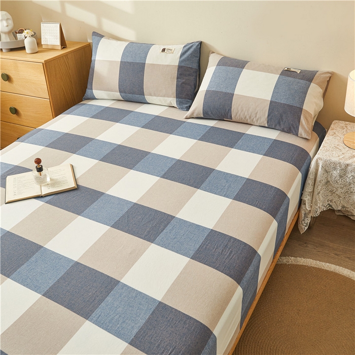 91家纺网 家纺一手货源 找家纺 喜居 2024新款全棉色织水洗棉床笠 蓝咖格