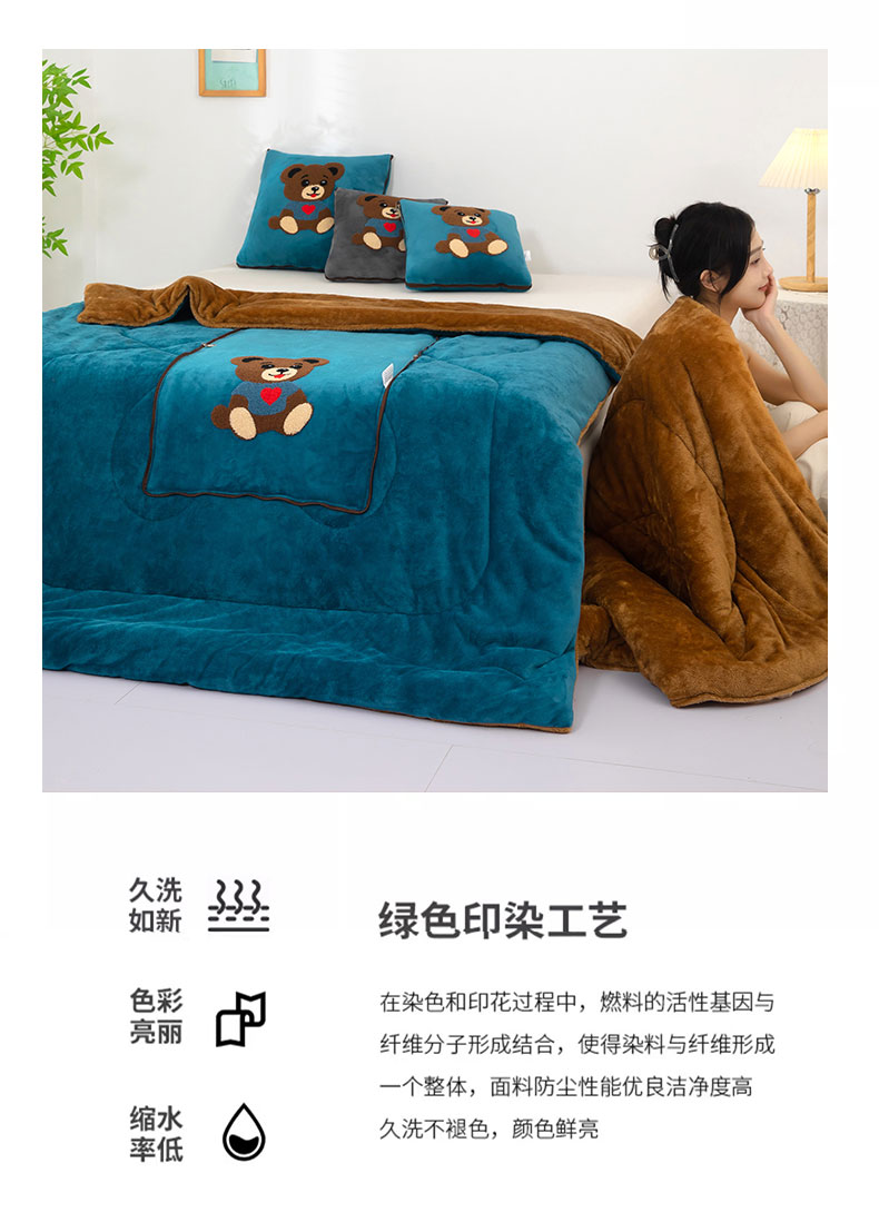 91家纺网 家纺一手货源 找家纺 【芳芳家纺】2024新款加绒加厚抱枕被牛奶绒+北极绒绒卡通毛巾绣多功能抱枕被 小熊深蓝