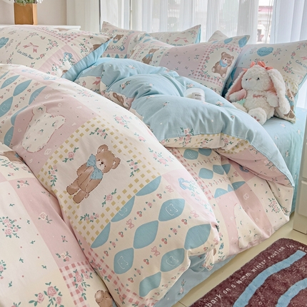 91家纺网 家纺一手货源 找家纺 优选良品 2025直播爆款全棉12868印花四件套纯棉学生三件套床笠 格子熊