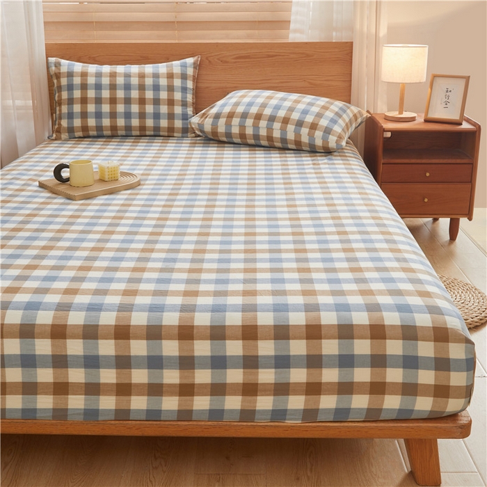 91家纺网 家纺一手货源 找家纺 喜居 2024新款全棉色织水洗棉床笠 蓝芋格