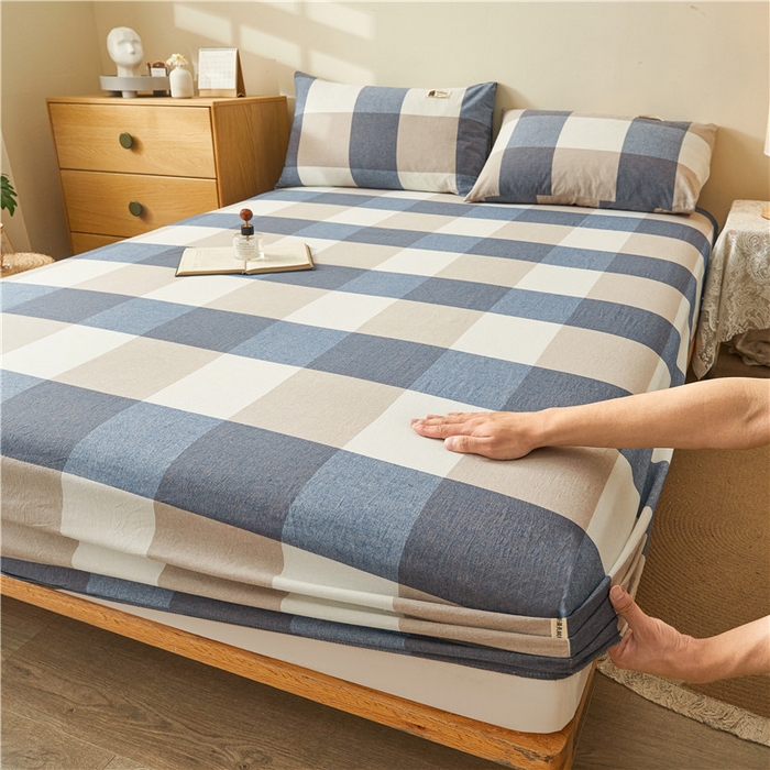 91家纺网 家纺一手货源 找家纺 喜居 2024新款全棉色织水洗棉床笠 蓝咖格