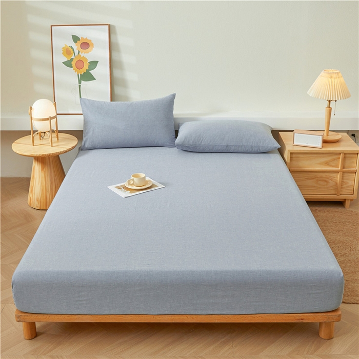 91家纺网 家纺一手货源 找家纺 喜居 2024新款全棉色织水洗棉床笠 冰山蓝