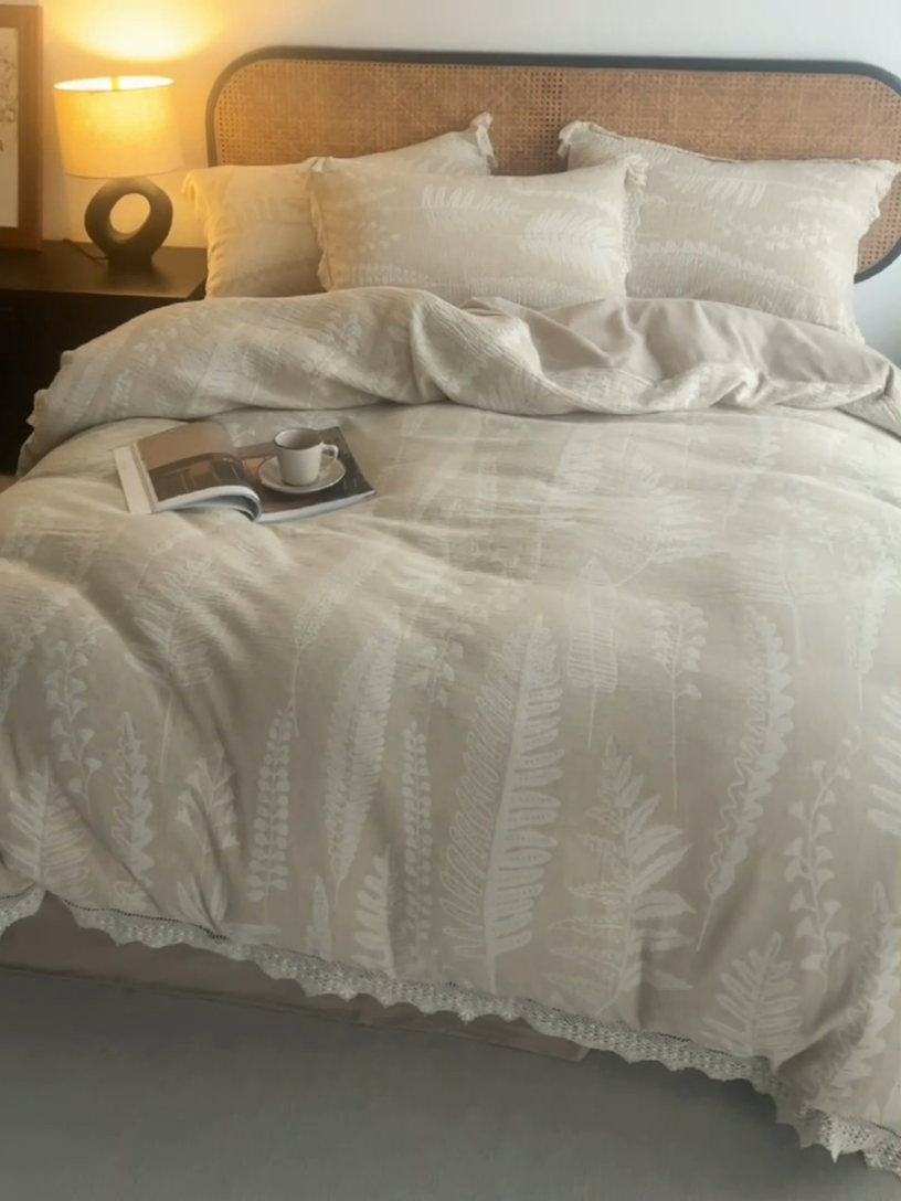 91家纺网 家纺一手货源 找家纺 安莱生活 2024爆款棉麻麻纱工艺款大提花四件套 铃兰颂-麻本色