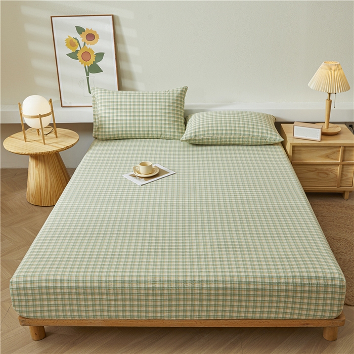 91家纺网 家纺一手货源 找家纺 喜居 2024新款全棉色织水洗棉床笠 可可绿