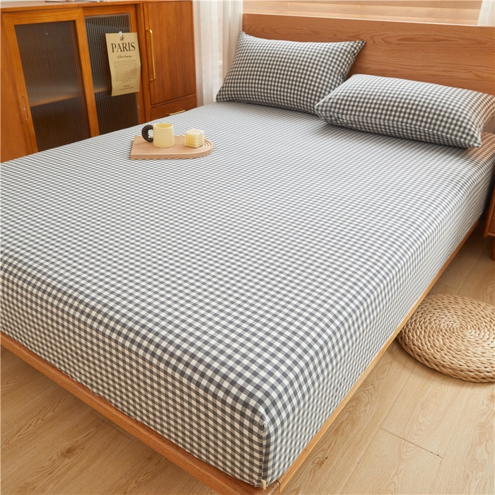 91家纺网 家纺一手货源 找家纺 喜居 2024新款全棉色织水洗棉床笠 灰小格