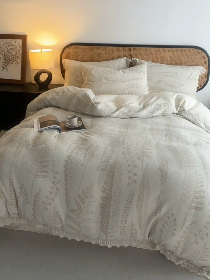 91家纺网 家纺一手货源 找家纺 安莱生活 2024爆款棉麻麻纱工艺款大提花四件套 铃兰颂-米白色