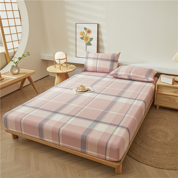 91家纺网 家纺一手货源 找家纺 喜居 2024新款全棉色织水洗棉床笠 莉亚粉