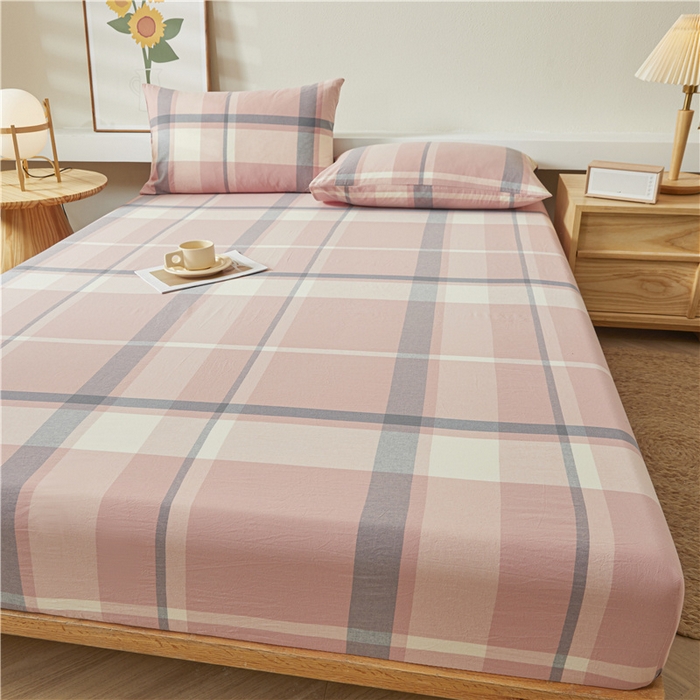 91家纺网 家纺一手货源 找家纺 喜居 2024新款全棉色织水洗棉床笠 莉亚粉