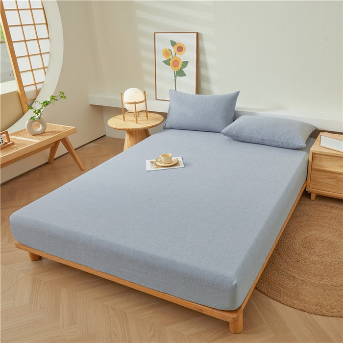 91家纺网 家纺一手货源 找家纺 喜居 2024新款全棉色织水洗棉床笠 冰山蓝