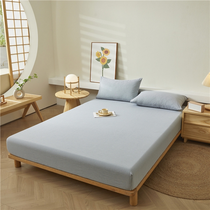 91家纺网 家纺一手货源 找家纺 喜居 2024新款全棉色织水洗棉床笠 蓝蓝格