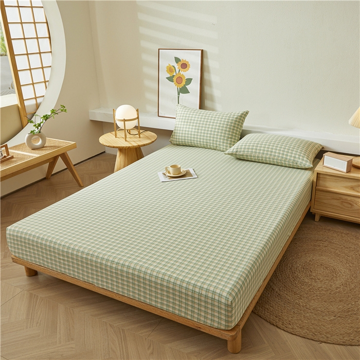 91家纺网 家纺一手货源 找家纺 喜居 2024新款全棉色织水洗棉床笠 可可绿