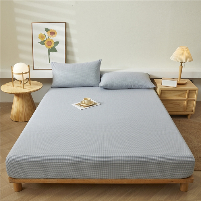 91家纺网 家纺一手货源 找家纺 喜居 2024新款全棉色织水洗棉床笠 蓝蓝格