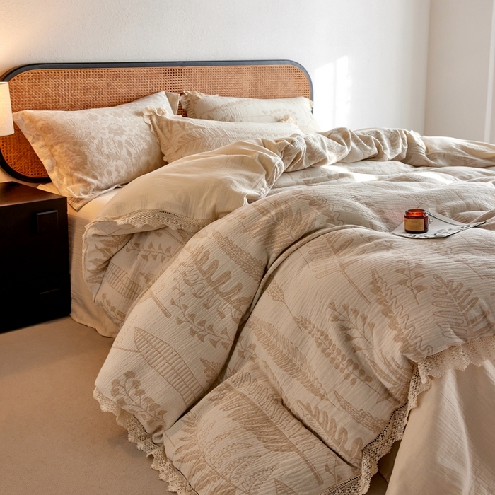 91家纺网 家纺一手货源 找家纺 安莱生活 2024爆款棉麻麻纱工艺款大提花四件套 铃兰颂-米白色