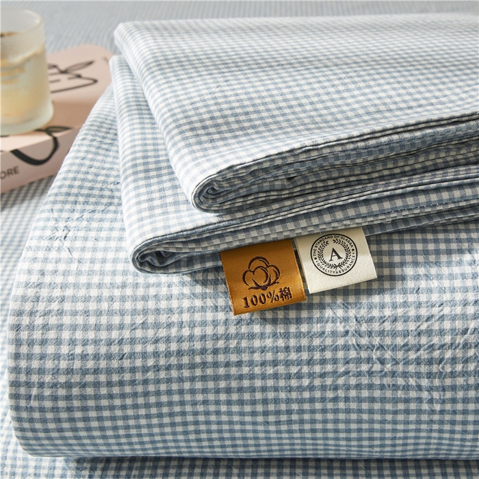 91家纺网 家纺一手货源 找家纺 喜居 2024新款全棉色织水洗棉床笠 蓝蓝格