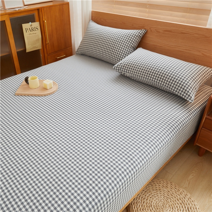 91家纺网 家纺一手货源 找家纺 喜居 2024新款全棉色织水洗棉床笠 灰小格