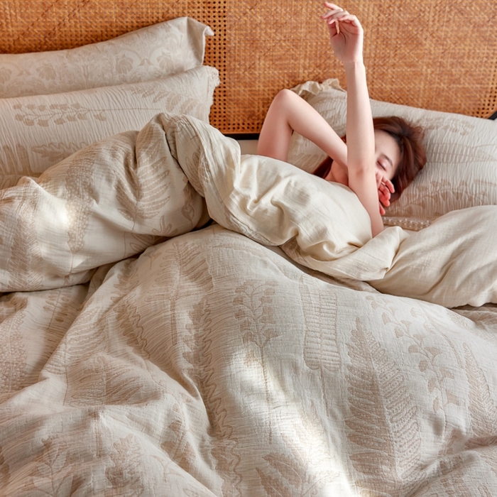 91家纺网 家纺一手货源 找家纺 安莱生活 2024爆款棉麻麻纱工艺款大提花四件套 铃兰颂-米白色