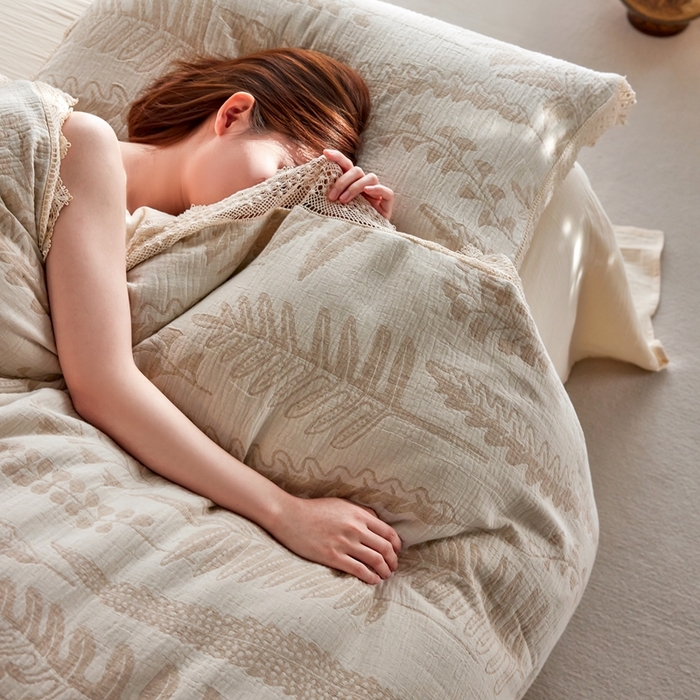 91家纺网 家纺一手货源 找家纺 安莱生活 2024爆款棉麻麻纱工艺款大提花四件套 铃兰颂-米白色