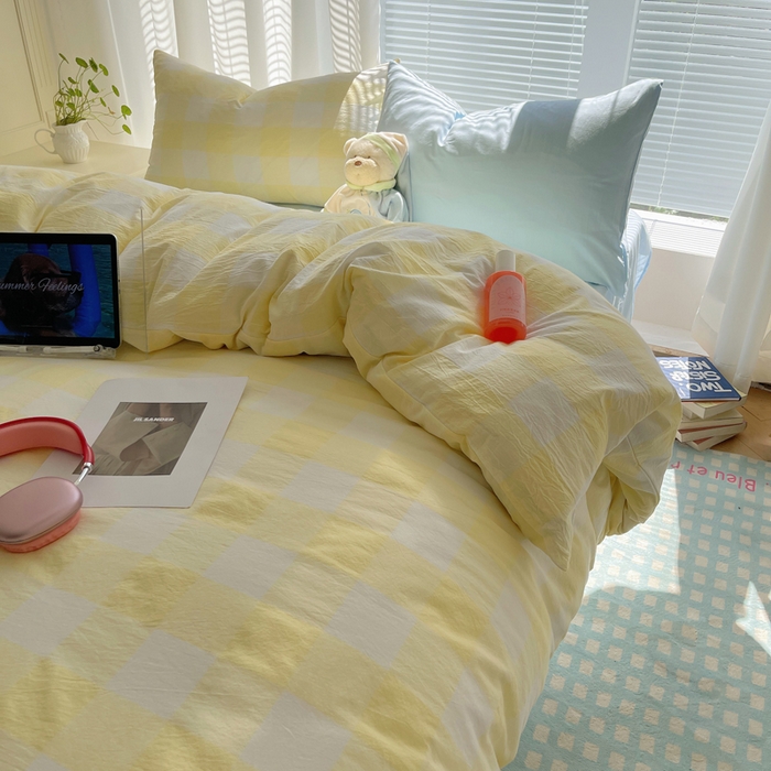 91家纺网 家纺一手货源 找家纺 六巷胡同 2024新款全棉INS少女心马卡龙格子混搭四件套 混搭柠檬黄大格