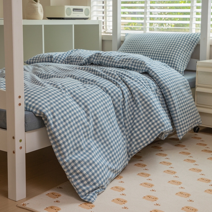 91家纺网 家纺一手货源 找家纺 柠萌家居 2025新款无印良品风A类色织水洗棉全棉学生宿舍三件套床垫套三件套 浅蓝小格