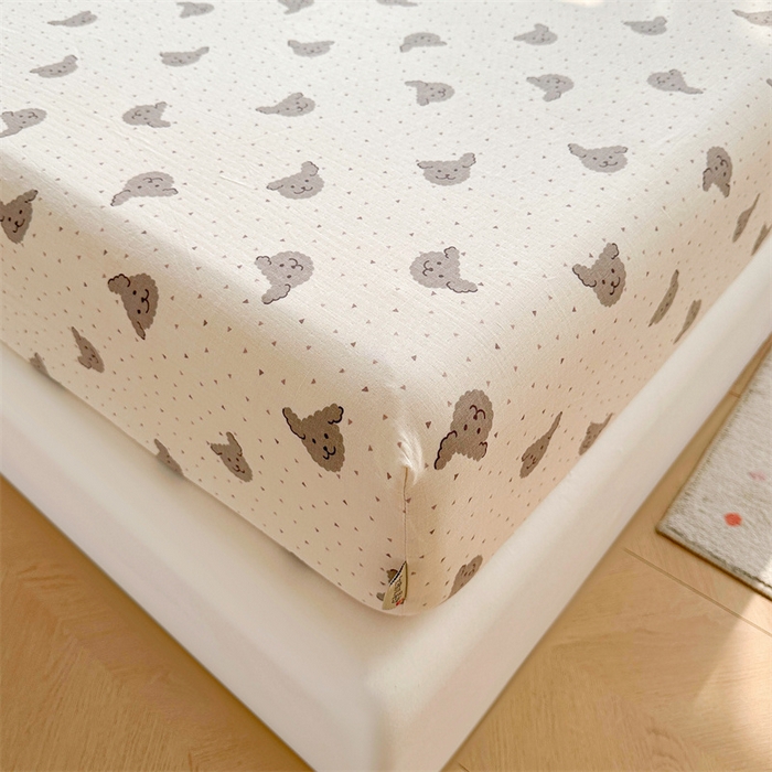 91家纺网 家纺一手货源 找家纺 雯豆家纺 2024新品小清新印花全棉纯棉双层纱床笠三件套 全棉双层纱床笠-小狗迪西