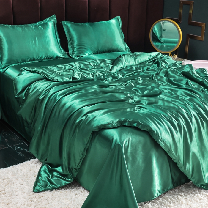 91家纺网 家纺一手货源 找家纺 莱越家纺 纯色网红款双面冰丝四件套夏季凉感丝真丝被套床单三件套床上用品 墨绿