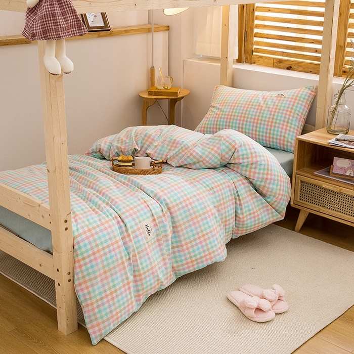 91家纺网 家纺一手货源 找家纺 柠萌家居 2025新款无印良品风A类色织水洗棉全棉学生宿舍三件套床垫套三件套 冰激凌格