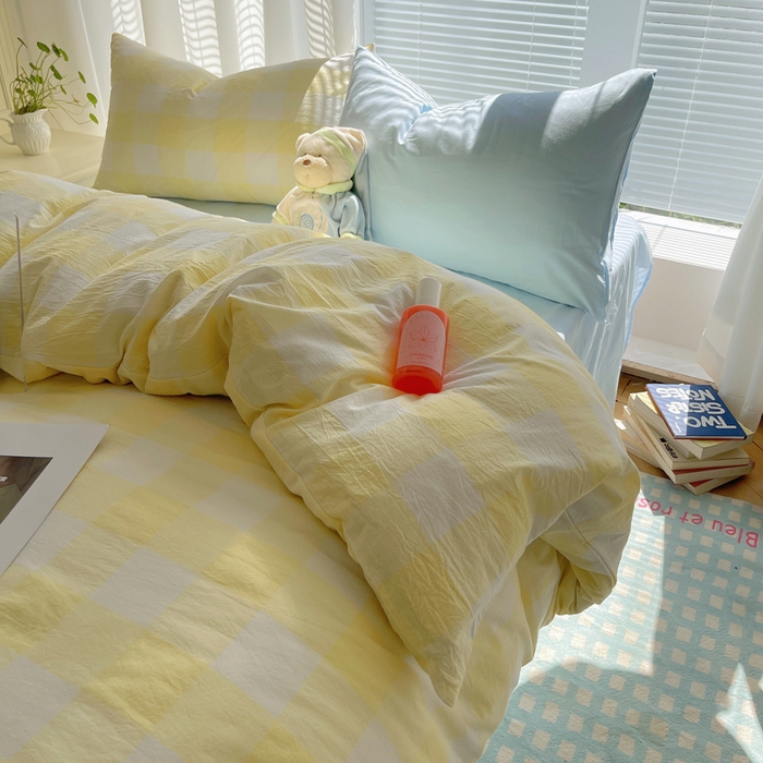 91家纺网 家纺一手货源 找家纺 六巷胡同 2024新款全棉INS少女心马卡龙格子混搭四件套 混搭柠檬黄大格